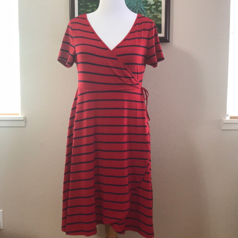 NWOT Torrid red with navy stripe faux wrap dress.